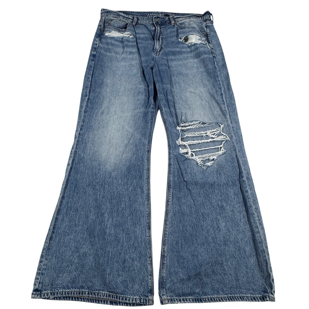 Y2K American Eagle Low-Rise Baggy Flare Distressed Jeans Women's 12 Baggy Grunge